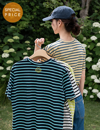 [Special Sale] 스마일 Stripe 자수 T-shirt Korea