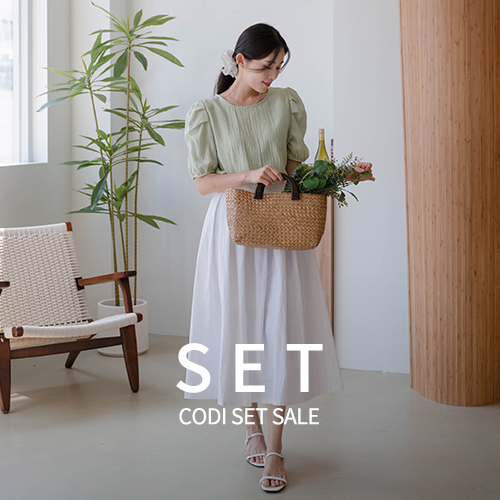 [Codi set] Sleeve Shirring Short-sleeve Blouse+[valyou] A Rustling Double Wrinkle Skirt