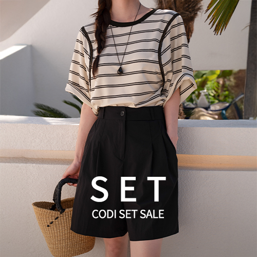[Codi set] Twisted Stripe Short-sleeve T-shirt+[valyou] Rustling Two-pin tuck Banding Short Pants