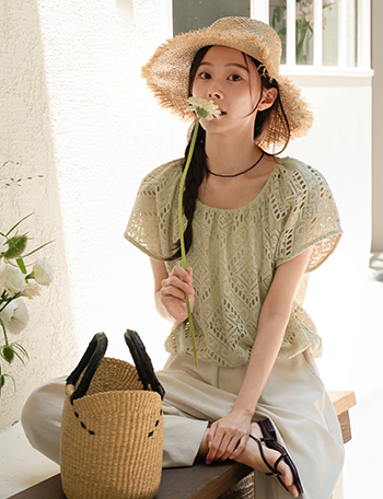Crochet Shirring Knitwear Blouse Korea