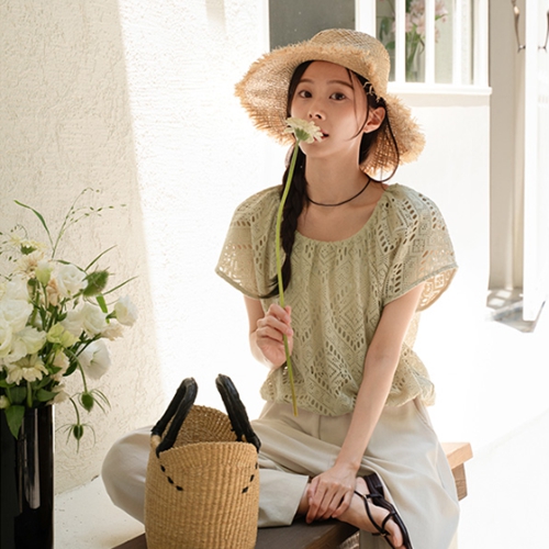 Crochet Shirring Knitwear Blouse