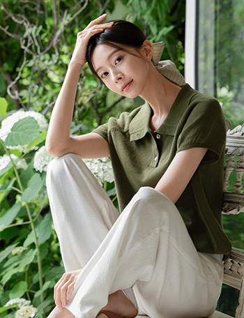 Linen Collar Button Short-sleeve Knitwear Korea