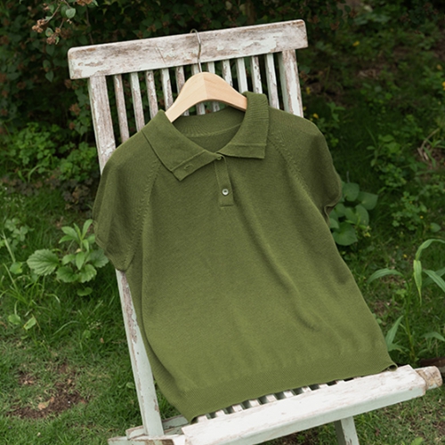 Linen Collar Button Short-sleeve Knitwear