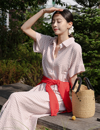 Stripe Pocket Collar Dress Korea