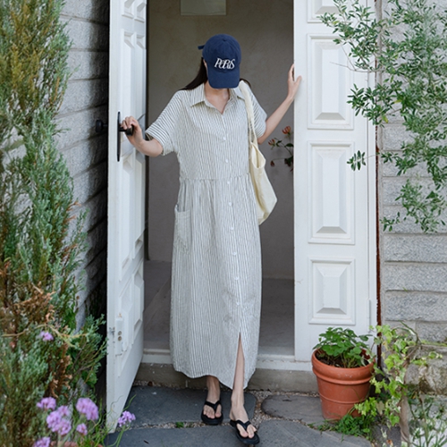 Stripe Pocket Collar Dress