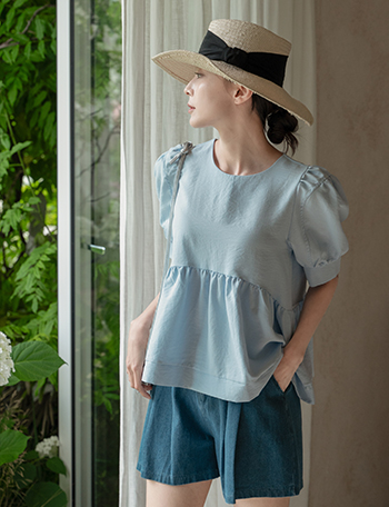 Back Ribbon Puff Sleeves Blouse Korea