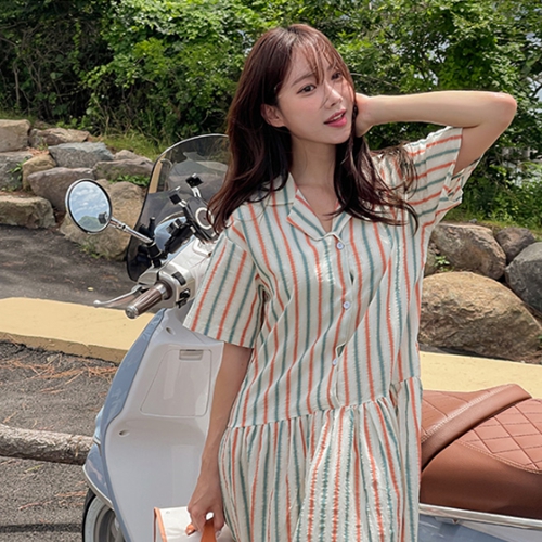 Laro Striped Button Collar Dress