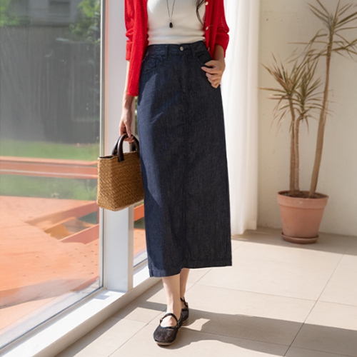 Non-faded Banding Denim Long skirt