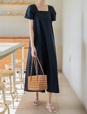 Square Neck Cap Sleeve Long Dress Korea