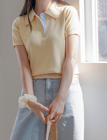 Horizontal Striped Color Matching Collar Short-sleeve Knitwear Korea