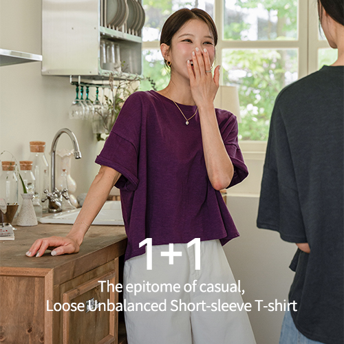 [1+1] The epitome of casual, Loose Unbalanced Short-sleeve T-shirt