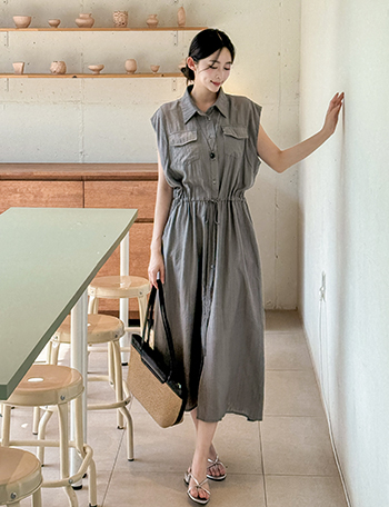 Collar Pocket String Sleeveless Shirts Dress Korea