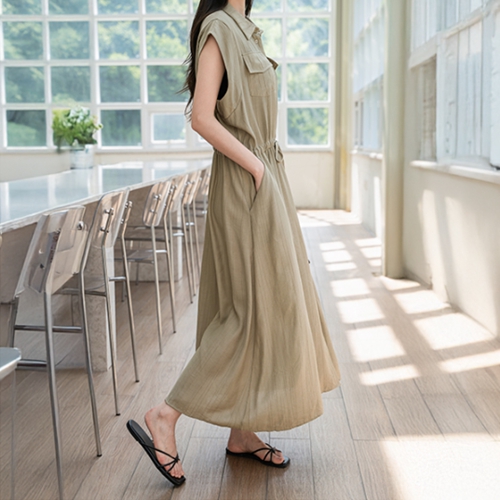 Collar Pocket String Sleeveless Shirts Dress