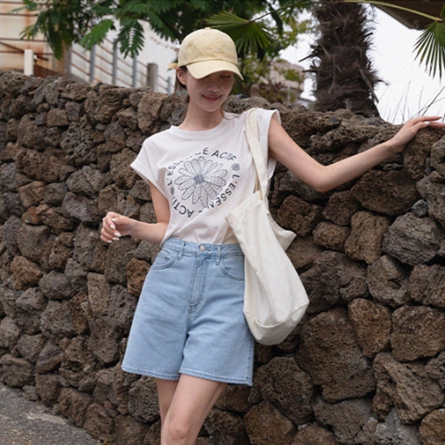 Cap Sleeve Flower Rollup Short-sleeve T-shirt
