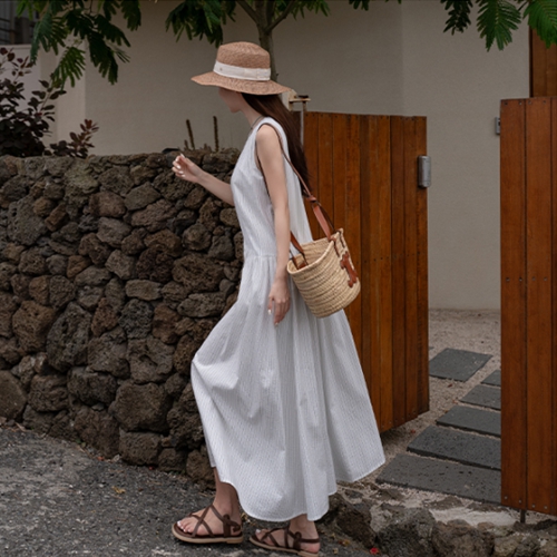 Stripe Sleeveless Shirts Long Dress
