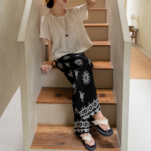 Linen Banding Short-sleeve Blouse