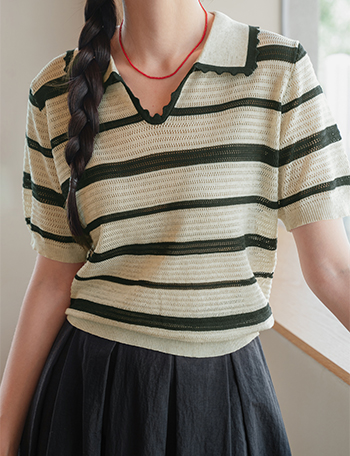 Open Collar Lace Horizontal Striped Knitwear Korea