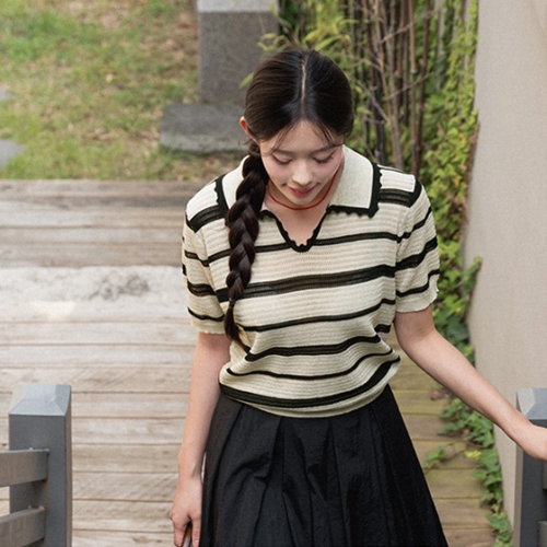 Open Collar Lace Horizontal Striped Knitwear