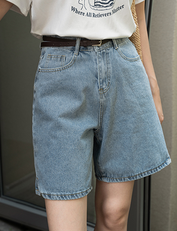Belt 4 part Length Incision Denim Pants Korea