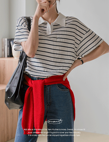 Stripe Tencel Collar T-shirt Korea