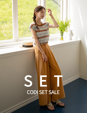 [Codi set] Mui Horizontal Striped Sleeveless Shirts Knitwear+Summer Rattan Belt Wide Pants Korea