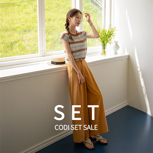 [Codi set] Mui Horizontal Striped Sleeveless Shirts Knitwear+Summer Rattan Belt Wide Pants
