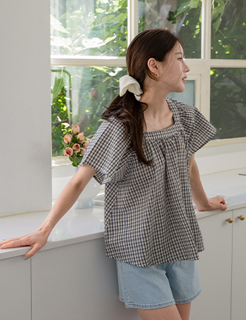 Seersucker Square Check Blouse Korea