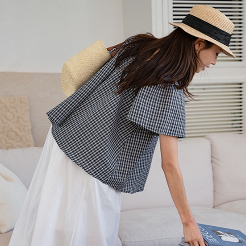 Seersucker Square Check Blouse