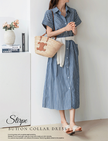 Stripe Button Collar Dress Korea