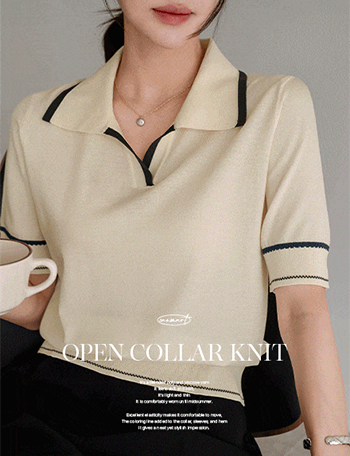 Open Collar Color Matching Short-sleeve Knitwear Korea