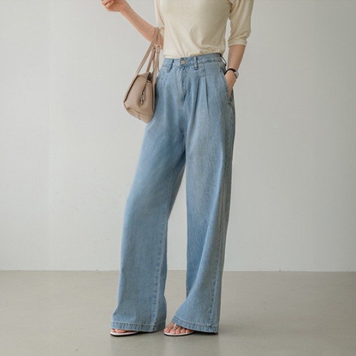 Stitch Two-pin tuck Wide Denim Pants