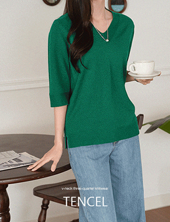 Tencel V-neck 3/4 sleeve Knitwear Korea