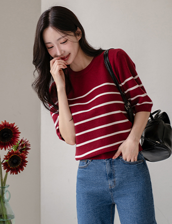 Soft horizontal striped Short-sleeve Knitwear Korea