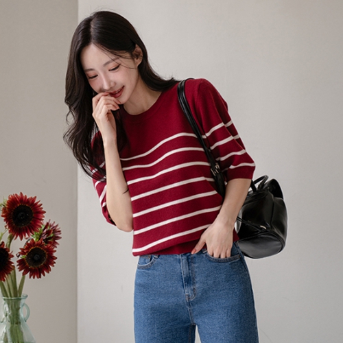Soft horizontal striped Short-sleeve Knitwear