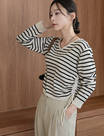 Shirring V horizontal striped Knitwear Korea