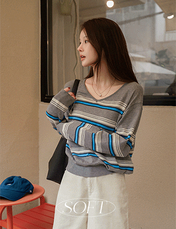 Soft Multi Horizontal Striped V Knitwear Korea