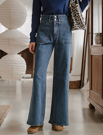 Two button Wide Banding Denim Pants Korea