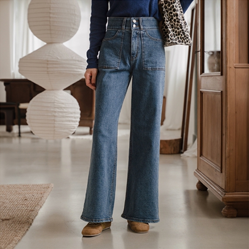 Two button Wide Banding Denim Pants