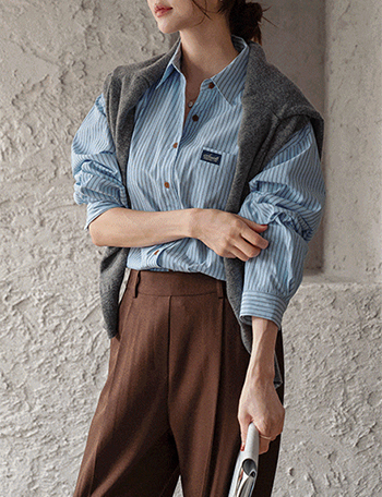 Pocket Label Patch Horizontal striped Shirt Korea