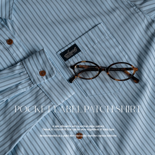 Pocket Label Patch Horizontal striped Shirt