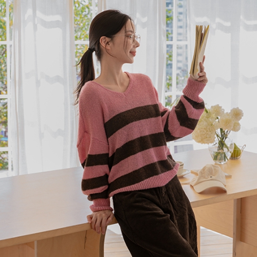 Color Matching Horizontal Striped V-neck Wool Knitwear