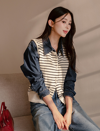 Horizontal Striped Pendant Knitwear Vest Korea