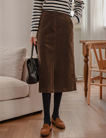 Front Slit Corduroy Straight Span Skirt Korea