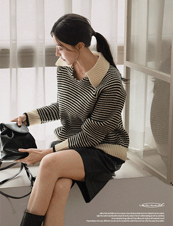 Thick Fin Horizontal Striped Collar Knitwear Korea