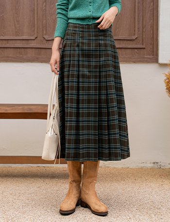 Check color combination Pleats Long Skirt Korea
