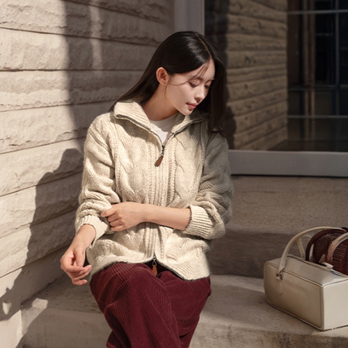 Wool Cable Two-way Knitwear Zip up