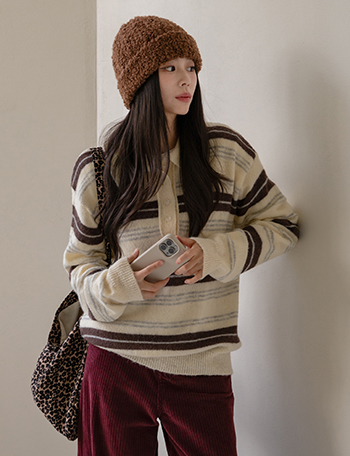 Hairy Wool Collar Horizontal Striped Knitwear Korea