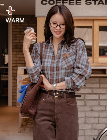 Leather Patch fleece lined Check Shirt Korea