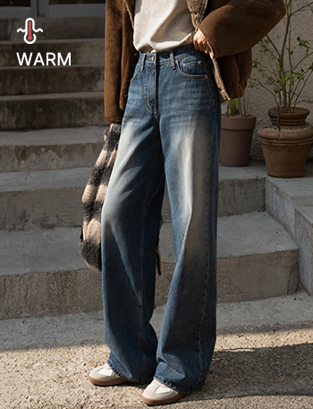 캣워싱 fleece lined 롱와이드 데님팬츠 Korea