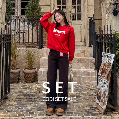 [코디set] 아모르 부클 자수 fleece lined sweatshirt+Long Span fleece lined 와이드 코튼 Pants